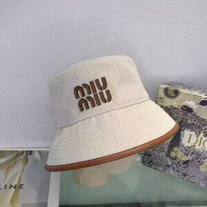 Miu Miu Beige Bucket Hat with Brown Trim